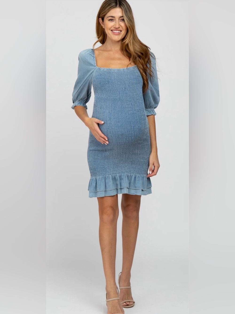 Pinkblush Light Blue Square Neck Smocked Denim Dress with Ruffle Hem